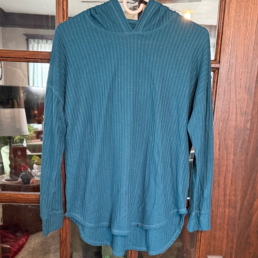 Chaser Womens Teal Blue Ribbed Thermal Knit Hoodie High-Low Pullover Top Size M